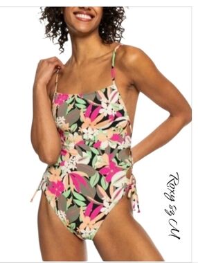 MWT ROXY Printed Beach Classics Lace-Up One-Piece Swimsuit Floral Multi M